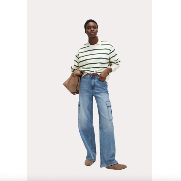 Marks & Spencer Women's Cotton Rich Striped Sweatshirt Long Sleeve Top Green - Picture 4 of 8